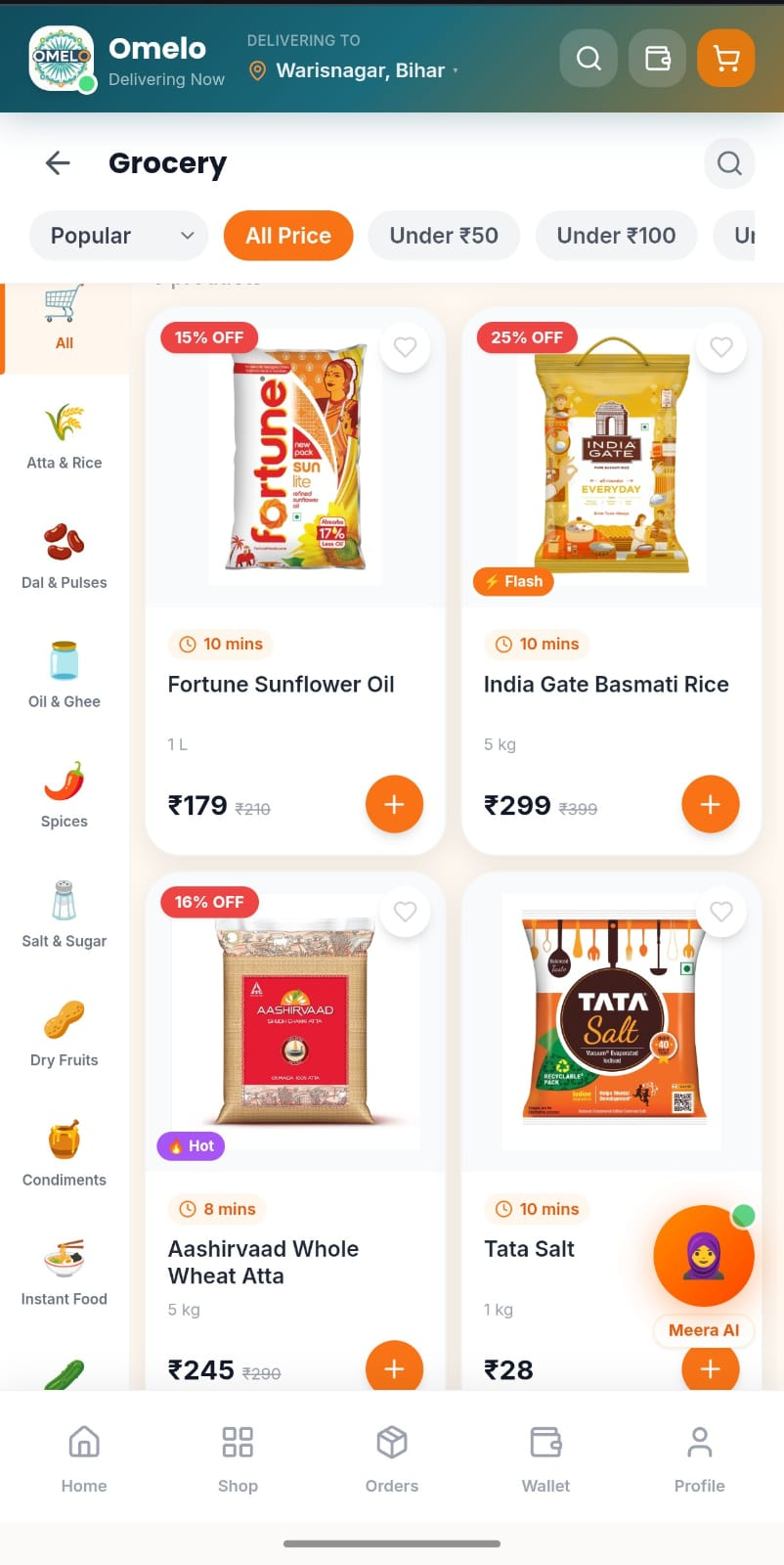 OMELO grocery shopping screen